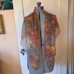 VTG Silk Neck Scarf Hand Rolled Sheer Chiffon Grey Watercolor Floral Rose 38x41"